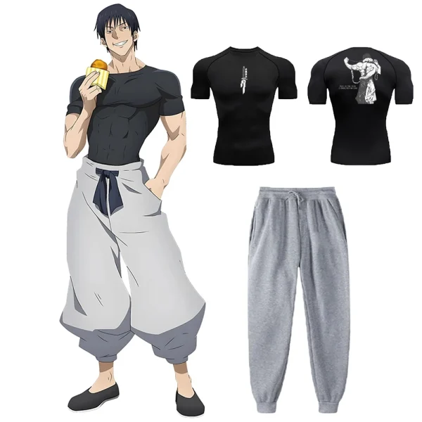Anime Jujutsu Kaisen Toji Compression Shirt Set Casual Performance Set Men's Athletic Workout Quick Dry Tee+Sweatpants Unisex - Image 18